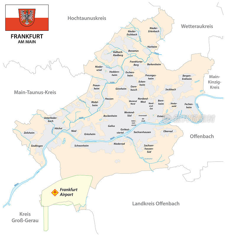 vector map of Frankfurt with all district and flag, Germany